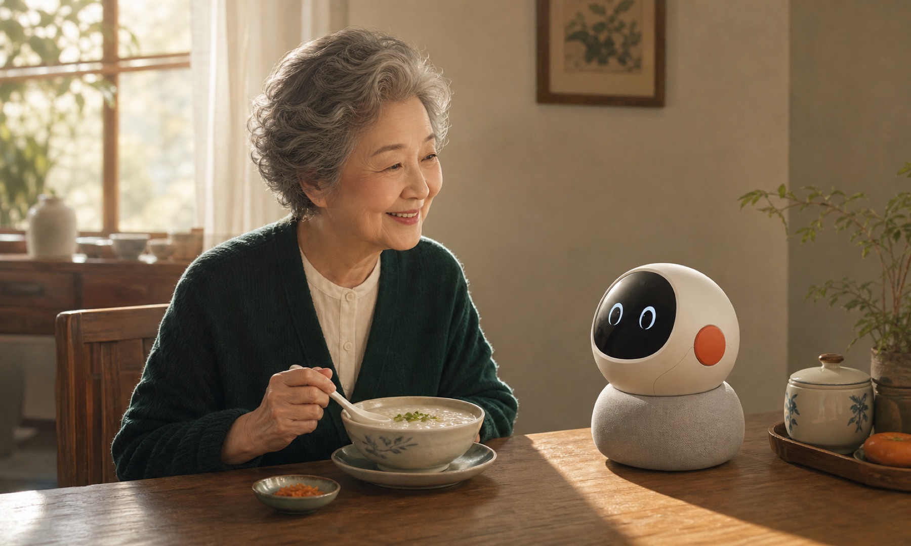 An elderly woman enjoying congee at the table with the Aggray companion robot